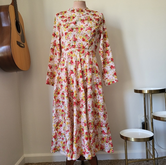 Vintage Cabbage Roses Floral Midi Dress Long Sleeves S/M No Tags - Picture 2 of 8